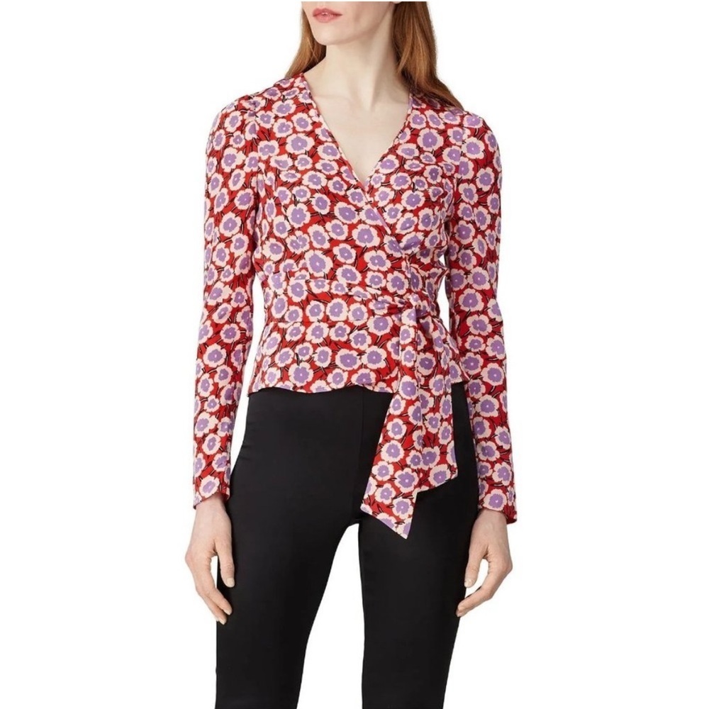 Diane Von Furstenberg 100% Silk Alexia Red and Purple Floral Wrap Top Size 8